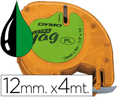 Cinta Dymo Letratag 12 mm. plástico verde tinta negra  91204